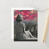 Woman at the top of the City Pink Clouds Postcard