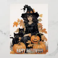 Vintage Witch and Black Cats Halloween Foil Holiday Postcard