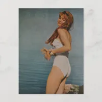 Woman in White Swimsuit on the beach in 1957  Postcard