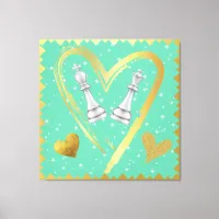 Gold Hearts King and Queen Chess Pieces on Sage | Canvas Print