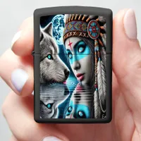 Native Indian Warrior and Wolf Reflections Zippo Lighter