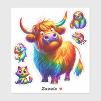 Highland Cow Cute Rainbow Sticker sheet