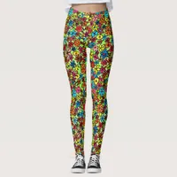 Colorful retro flowers pattern, hand drawn,  leggings