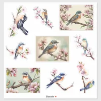 Watercolor little birds on blossom branch sticker