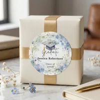 Blue Forget Me Not Watercolor Graduation Cap Classic Round Sticker