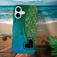 Aqua Blue Green Modern Floral Heart  iPhone 16 Case