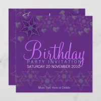 Purple Stars Hearts Party Birthday Invitation