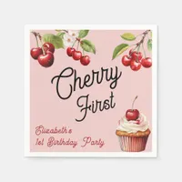 Cute Cherry First 1st Girly Birthday Pink Napkins