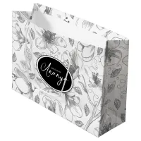 Sketched Floral Outline Pattern Gray/Wht ID939  Large Gift Bag