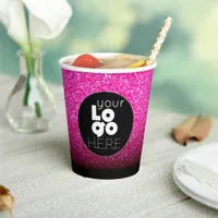 Business Logo Hot Pink Glitter + Black Paper Cups