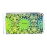 Lime Green and Blue Whimsical Boho Mandala Art Silver Finish Money Clip