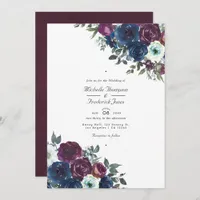 Plum and Navy Floral QR Code RSVP Wedding Invitation