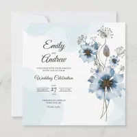 Dusty Blue Wildflower Watercolor Square Wedding Invitation