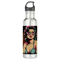 Comic Style Retro Pinup Girl with a Cocktail Stainless Steel Water Bottle