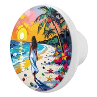 Woman on Beach Tropical Scene Personalized Ceramic Knob