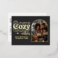 Black and Gold Cozy Vibes Retro Christmas Foil Holiday Postcard