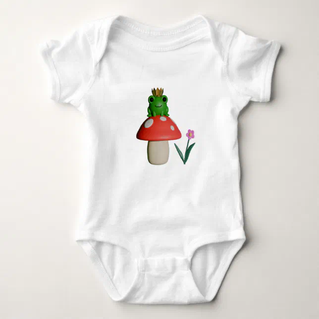 Cute Cartoon Frog Wearing a Crown on a Mushroom Baby Bodysuit