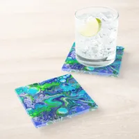 Blue and Green Fluid Art Pour Painting Effect Glass Coaster