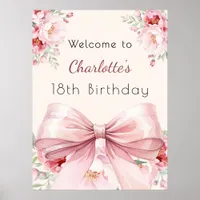 Pink bow cream florals birthday welcome poster