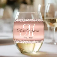 Elegant Rose Gold Monogram Wedding Stemless Wine Glass