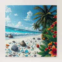 Pretty Tropical Beach Scene Coastal Seaside Art Jigsaw Puzzle