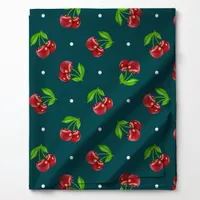 Polka Dot Cherries on Dark Teal  Fabric