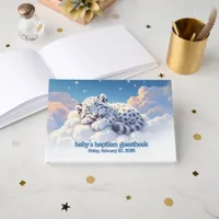 Cute Snow Leopard Sleeps on Clouds Baby Baptism Guest Book