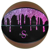 Chic Pink Purple Glitter Sparkle Drips Monogram Basketball