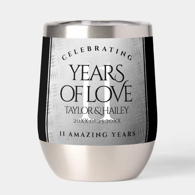 Elegant 11th Steel Wedding Anniversary Celebration Thermal Wine Tumbler