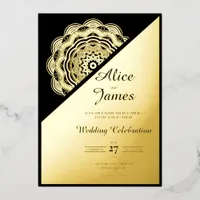 Diagonal Mandala Elegant Black Gold Foil Wedding Invitation
