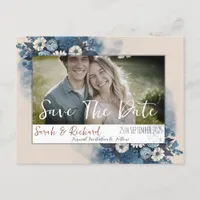 Elegant Navy Floral Photo Save the Date Postcard