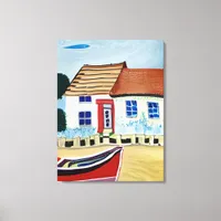 Beach House and Boat on Sandy Beach Canvas Print