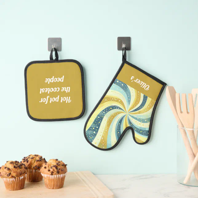 Retro Wavy Blue And Golden Color Pattern Oven Mitt & Pot Holder Set