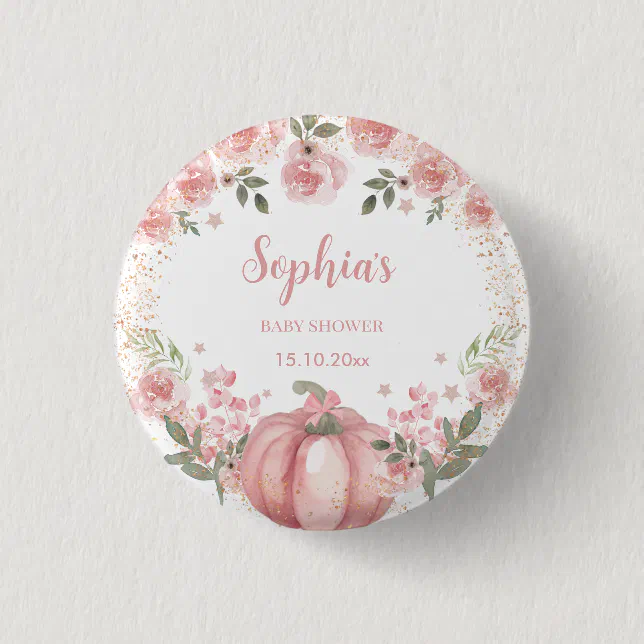 pink Pumpkin Floral Girl Baby Shower  Button