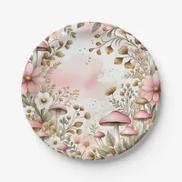 Cottage Core Mushrooms and Flowers Pink and Gold Paper Plates