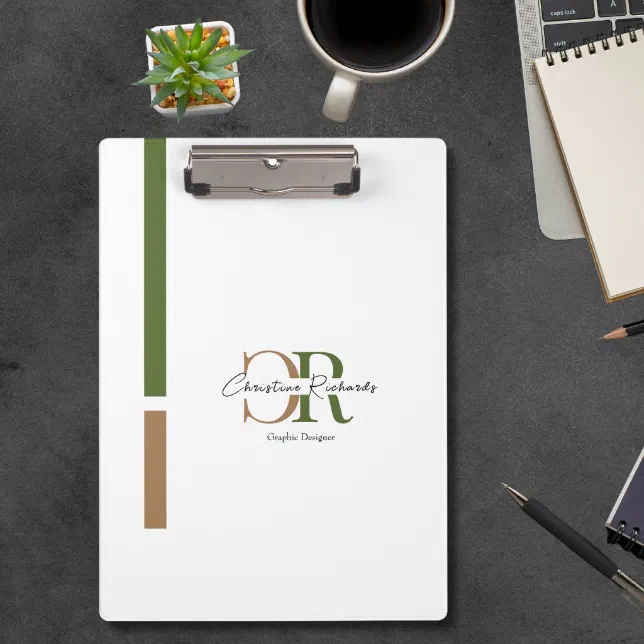 Simple Modern Olive Green Gold Monogram Clipboard