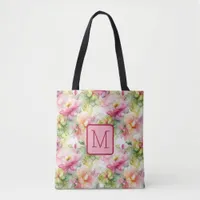 Pastel Flowers Alcohol Ink Color Block Monogram Tote Bag