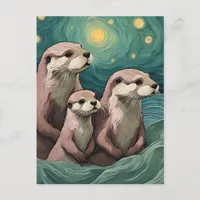 Otter Family in a Starry Night Ocean Postcard