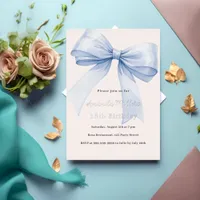 Blue bow cream beige silver birthday foil invitation