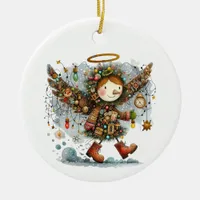 Quirky Christmas Angel Modern Art Style Ceramic Ornament