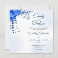 Blue Lavender Watercolor Floral Square Wedding Invitation
