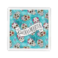 Sugar Skulls and Swirls Rose Turquoise ID725 Acrylic Tray