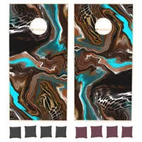 Brown and Blue Marble Swirl Fluid Art    Cornhole Set