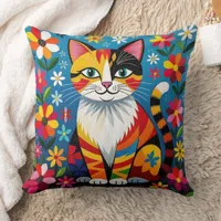 Boho Folk Art Cat, Flowers & Butterfly   Throw Pillow