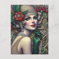 Gorgeous Christmas Flapper Woman Gold Dress Postcard