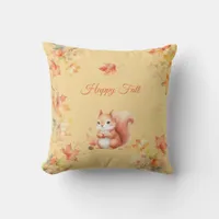 Happy Fall Squirrel in Leaves Throw Pillow