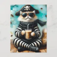 Sweet Kitty Pirate With a Coffee Postcard