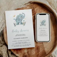 Adorable Elephant Blue Baby Boy Shower Invitation