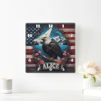 Majestic Eagle Overlooking Mountains and Flag Square Wall Clock