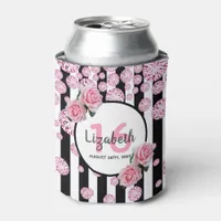 Pink florals black stripes monogram Sweet 16 Can Cooler